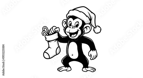 Monkey Wearing Santa Hat Holding Stocking.