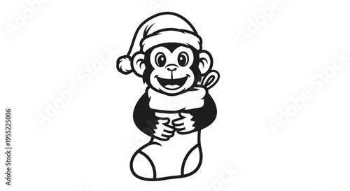 Monkey wearing Santa hat in stocking.