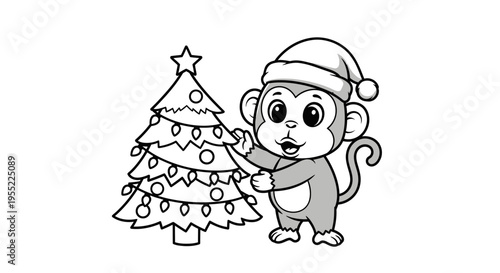 Monkey wearing Santa hat next to Christmas tree.