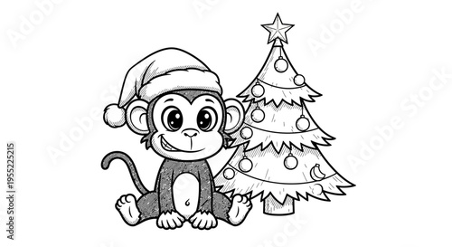 Monkey Wearing Santa Hat Sitting Down.