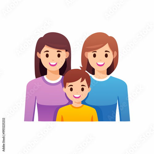 Illustration of a smiling family featuring two women and a child, vector graphic.