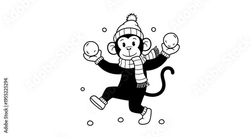 Monkey Wearing Winter Clothing Playing Snow.