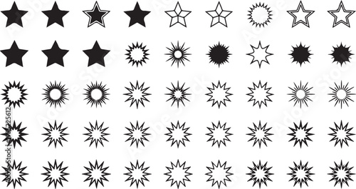 Set of black star and sunburst icons various shapes and styles of celestial bodies and radiating patterns on transparent background