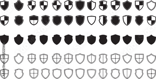 Set of various black shield silhouettes and outlines on transparent background a collection of different security and protection symbols