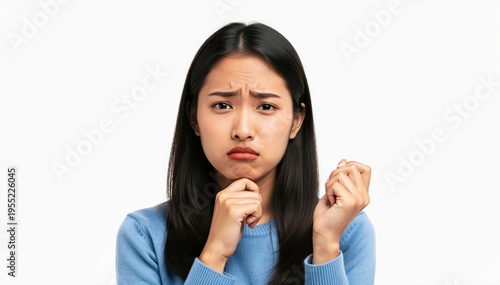 Captured Doubt: A portrait of a woman embodying a moment of concern, with furrowed brow, conveying thoughtful contemplation and uncertainty.