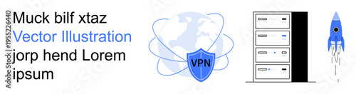 VPN security, cloud computing, data protection, server storage, cybersecurity, innovation. Shield with VPN, server stack and rocket icon. VPN security and cloud computing concept