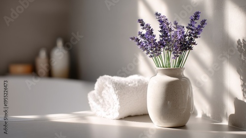 Elegant Lavender Bouquet in Simple Decorative Vase on Bright Bathroom Counter with Soft Towel and Natural Light Streaming Through Window