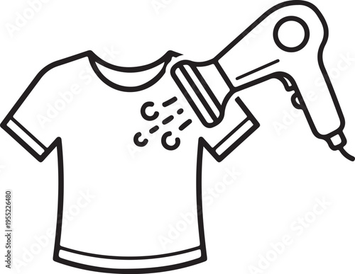 T-shirt being dried by hairdryer, fashion item, clothing care, hot air styling, laundry service, simple graphic icon