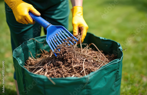 Person in yellow gloves uses blue scoop rake to fill green garden bag with dry leaves and debris. Outdoor yard work, tidy garden space, lawn care. Seasonal tidy up.