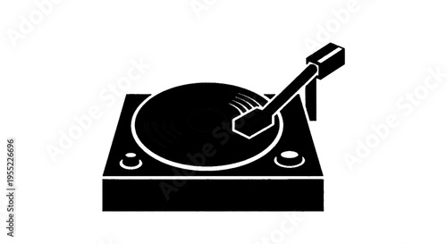 Vector illustration of black and white icon of a turntable with a vinyl record