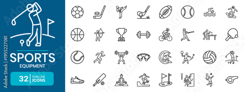 Sports Equipment Thin Line Icon Set