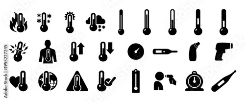 Thermometer Icon Set – Temperature Measurement, Heat Cold Weather, Medical and Climate Symbols Silhouette Collection