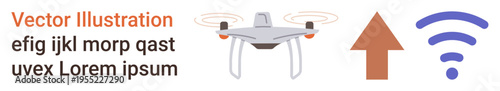 Wireless technology, data transfer, quadcopter usage, connectivity, aviation, remote access. ion of a Quadcopter, upward arrow and wireless icon. Wireless technology and data transfer theme