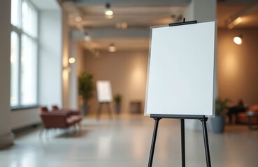 Blank white board on tripod stand in large indoor hall. Empty display easel waits for info. Modern interior space offers clean backdrop for event graphics and signs.