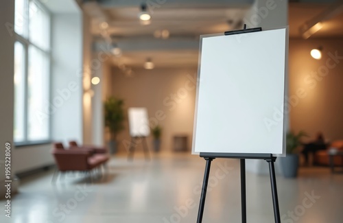 Blank white board on tripod stand in large indoor hall. Empty display easel waits for info. Modern interior space offers clean backdrop for event graphics and signs.