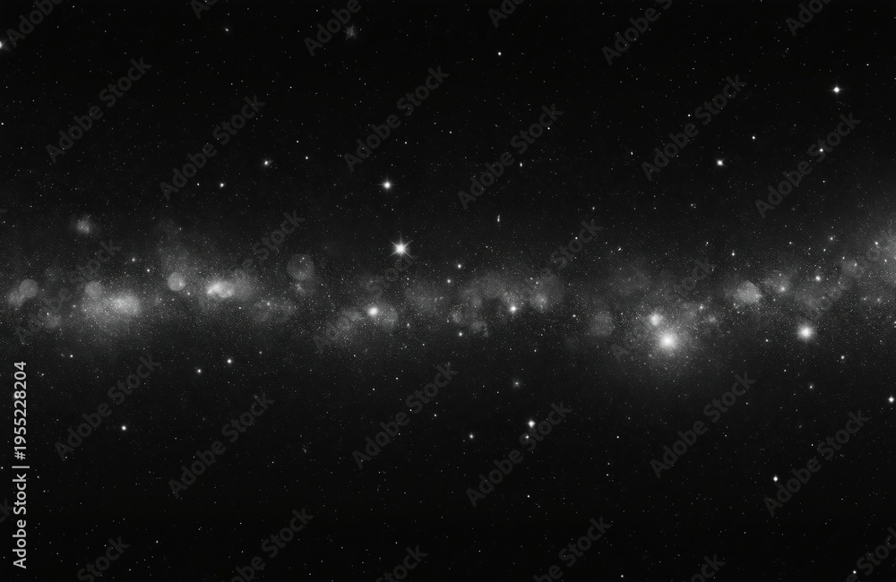 Fototapeta premium Monochrome night sky with bright stars and nebulae visible. Cosmic background for science, travel, or fantasy themes. Subtle light effects create an elegant, infinite space feel.