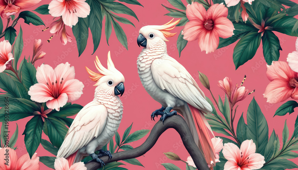 Fototapeta premium Two white cockatoos sit on branch in rich tropical foliage and pink flowers. This seamless pattern features vibrant jungle birds and botanical elements. Ideal for summer textiles wallpaper and decor.