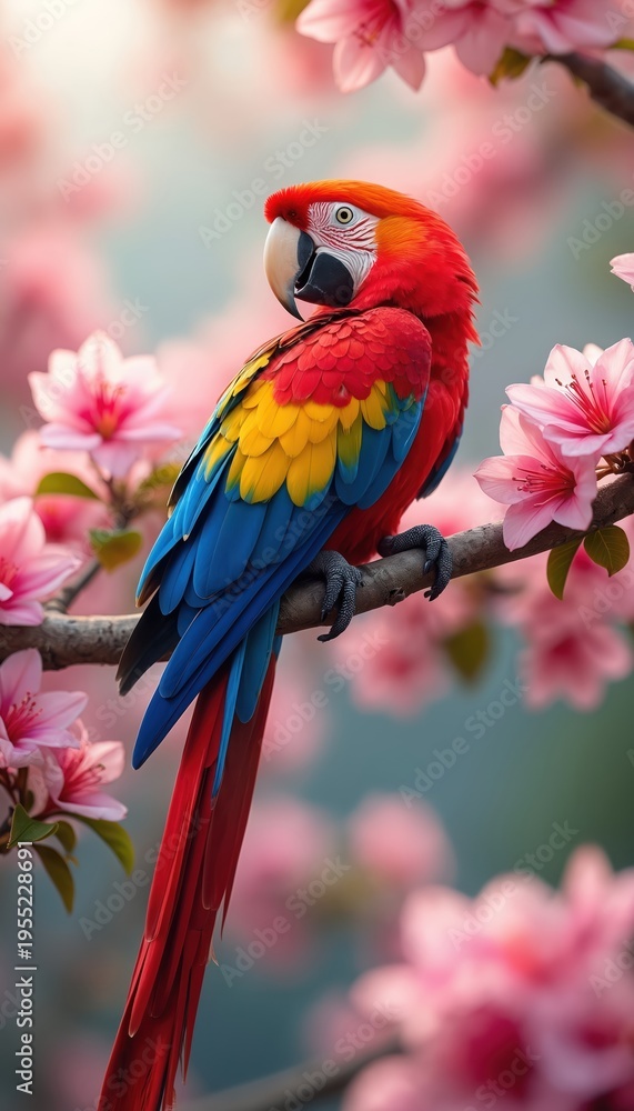 Fototapeta premium Scarlet macaw parrot sits on flowering tree branch. Bird displays vibrant red blue yellow feathers. Soft pink blossoms bokeh background. Long tail hangs down. Nature wildlife beauty scene.