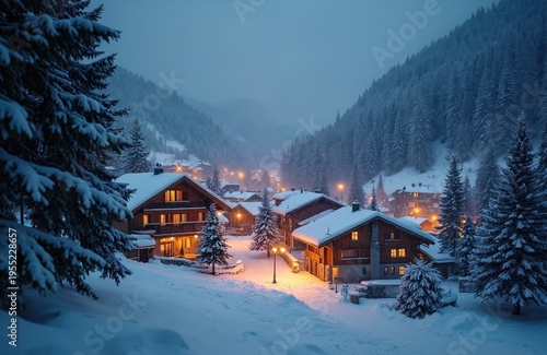 Cozy wooden chalets dusted with snow in a mountain village at dusk. Warm lights glow from windows, pine trees line snowy paths. Evening twilight illuminates a tranquil winter scene.