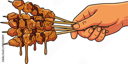 Delicious hand drawn cartoon illustration of Indonesian Sate Ayam Madura with dripping peanut sauce