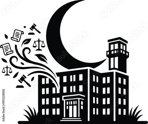 Crescent moon over a courthouse with symbols of justice and law