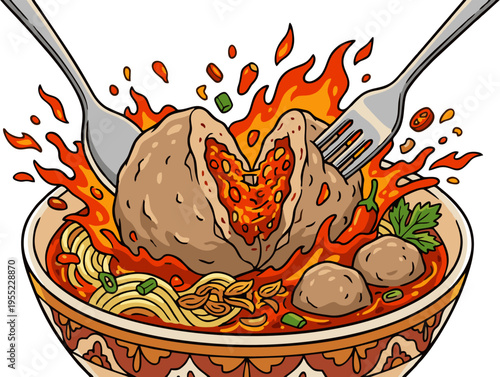 Delicious hand drawn cartoon illustration of Indonesian Bakso Mercon with splashing spicy broth