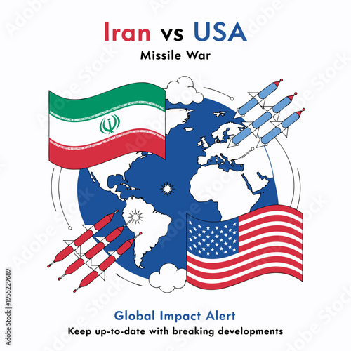 Flat vector illustration of two opposing sides represented by Iran and USA flags launching missiles toward each other, minimal style, global map background, modern infographic design for social media 