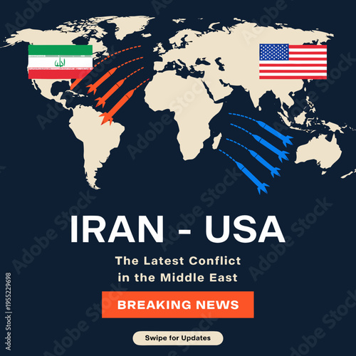 Flat vector illustration of two opposing sides represented by Iran and USA flags launching missiles toward each other, minimal style, global map background, modern infographic design for social media 