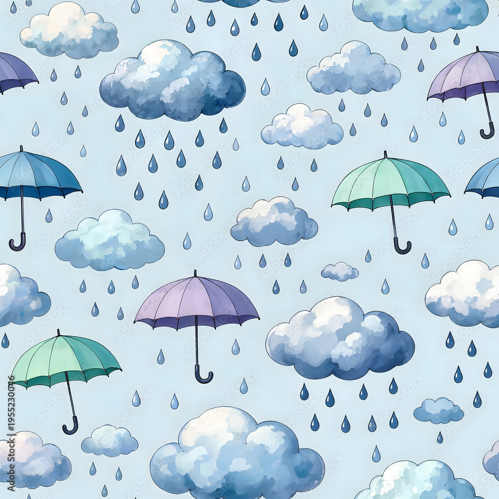 Obraz premium Rain Clouds and Umbrellas Pattern