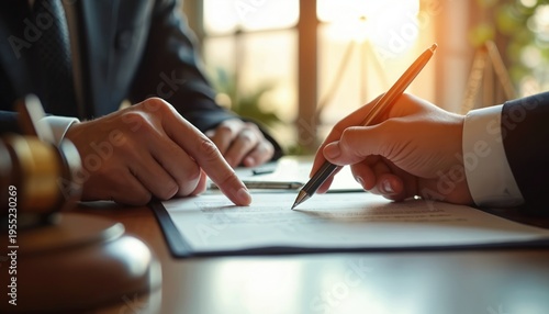 Lawyer points to contract for client signing. Gavel and scales of justice nearby on desk. Business deal closing handshake, legal advice consultation.