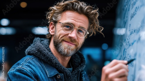 Confident middle aged man writing on glass board presenting ideas business creativity concept