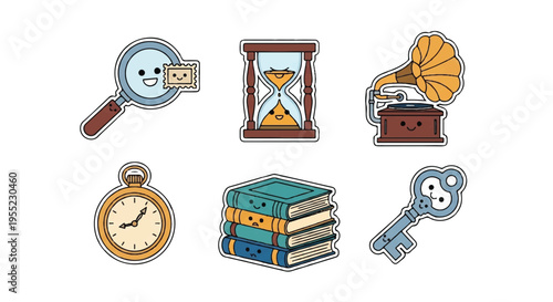 Collection of illustrated objects magnifying glass hourglass gramophone pocket watch books key