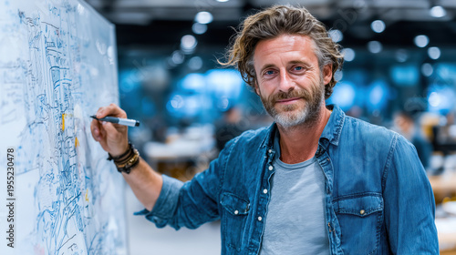 Creative professional man presenting ideas on whiteboard in modern office workspace innovation concept