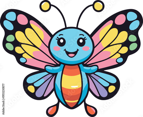 Cute butterfly sticker mascot with rounded wings forming soft heart-like shapes, playful cartoon insect character, thick bold outline, balanced colorful wing pattern, clean flat vector illustration 2