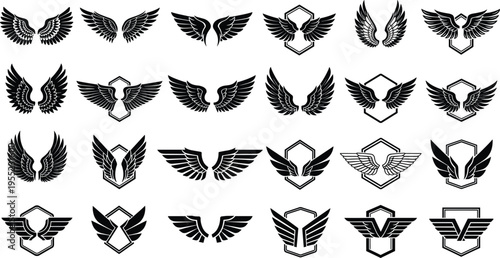 Winged emblem badge collection with eagle wings shield crest logo elements for branding military aviation design flat vector illustration