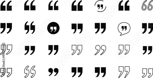 Quotation mark icon, speech bubble, typographic symbol, text design, quote element, communication graphic, black vector, minimalist style, flat illustration