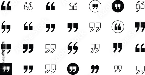 Quotation mark icon, text bubble, typographic symbol, communication design, speech element, graphic mark, black vector, minimalist style, flat illustration