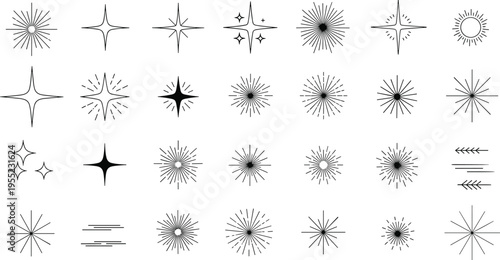 Sparkle starburst icons collection shining stars sun rays light effects decorative elements black isolated flat vector illustration set