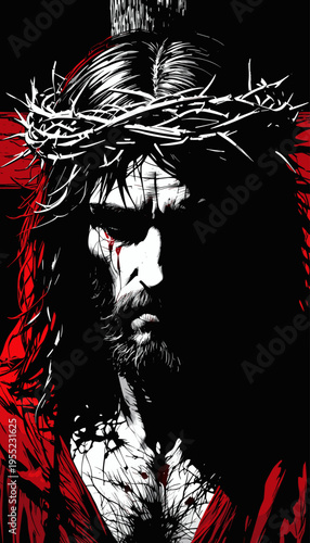 Jesus Christ wearing a crown of thorns with a bloodied face