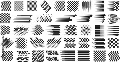 Speed line icon, motion blur, racing flag, dynamic streak, energy arrow, checkerboard pattern, black vector, minimalist style, flat illustration