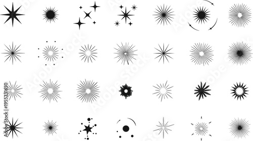 Starburst sparkle icon, twinkling light, decorative shine, radiant burst, glowing star, bright effect, black vector, minimalist style, flat illustration
