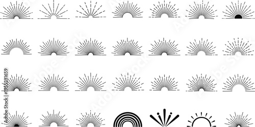 Sunburst icon design, sunrise symbol, radiant rays, decorative light, glowing semicircle, abstract arc, black vector, minimalist style, flat illustration