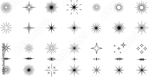 Starburst sparkle icons collection sun rays light burst shapes vintage decorative elements black isolated flat vector illustration set