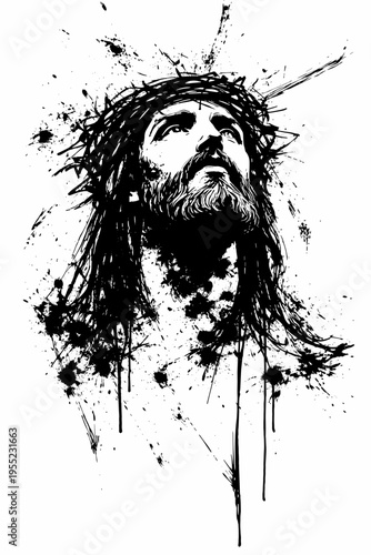 Jesus Christ wearing a crown of thorns with a bloodied face