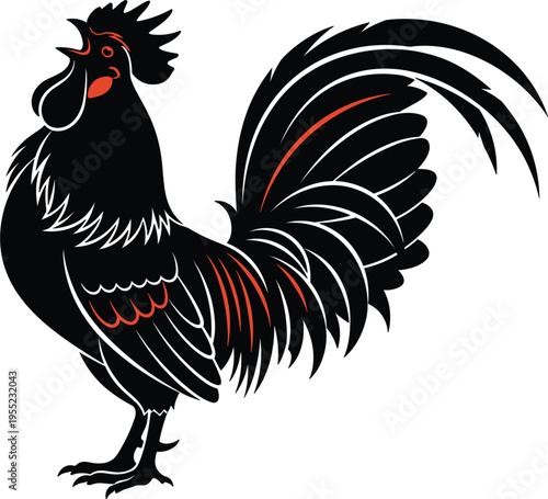 Vector Illustration of a Black Rooster with Red Highlights for Farm, Animal, and Vintage Design Projects