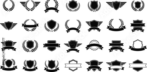 Premium heraldic badge collection with shields laurel wreaths ribbons wings vintage emblems icons flat vector illustration isolated set