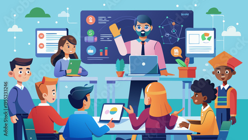 E-Learning and Virtual Classroom Concept: Diverse Students Attending Online Lecture