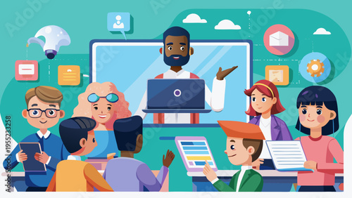 E-Learning and Virtual Classroom Concept: Diverse Students Attending Online Lecture