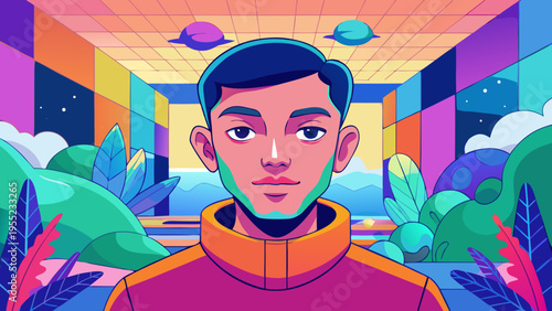 Vibrant Retro-Futuristic Male Portrait in a Synthwave Landscape