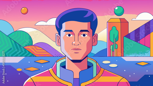 Vibrant Retro-Futuristic Male Portrait in a Synthwave Landscape